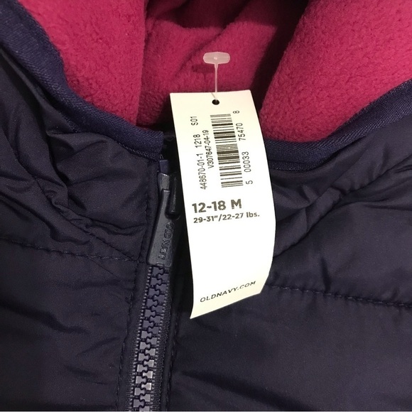 Old Navy Purple Quilted Hooded Puffer Jacket Size 12-18 M NEW Frost Free - Picture 2 of 4